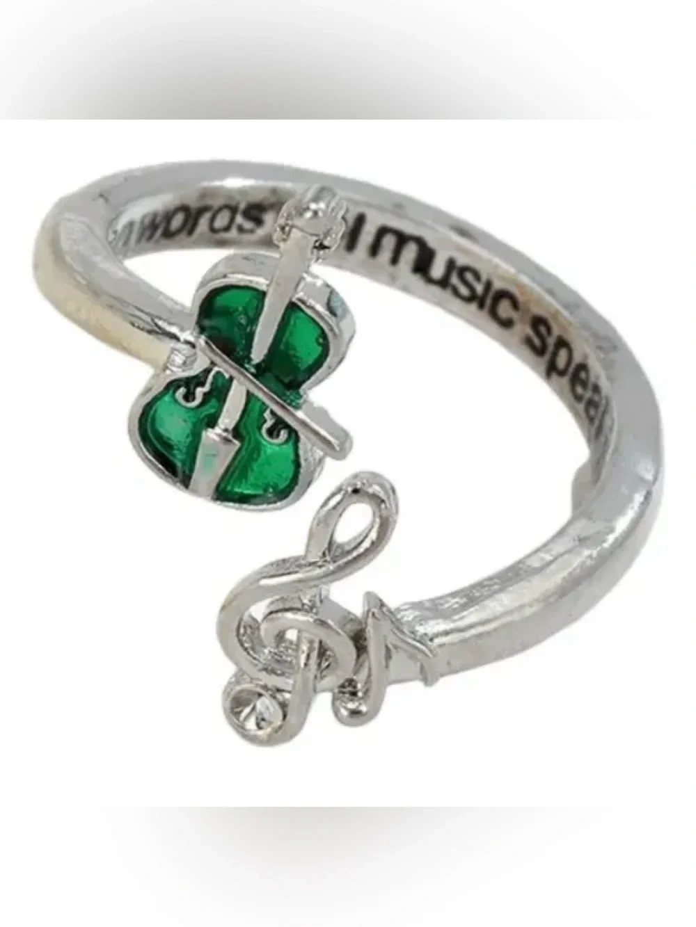 Silver Green Clover Open Ring
